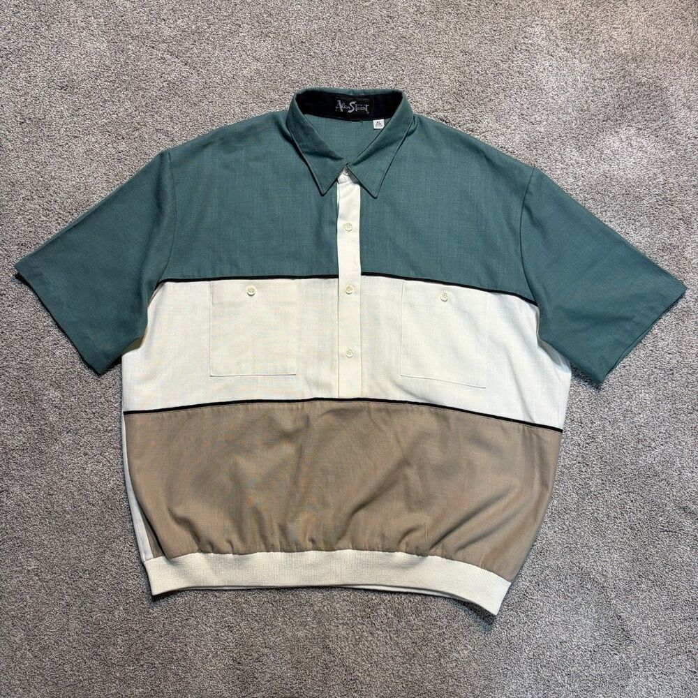 Vintage Alan Stuart Banded Polo Mens XL Green Cream Colorblock Short Sleeve